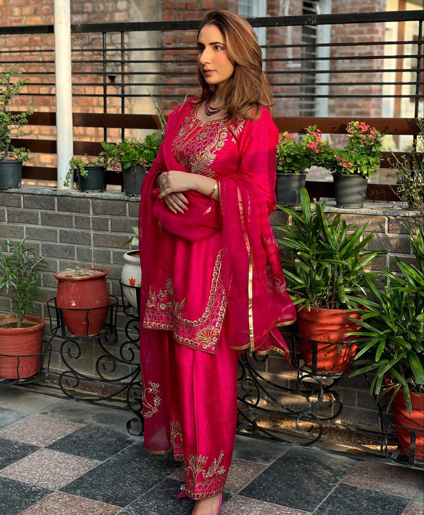 Premium Rani Pink Punjabi Suit Set with Golden Thread Embroidery and Matching Dupatta – Traditional Wear for Festivals & Wedding Functions