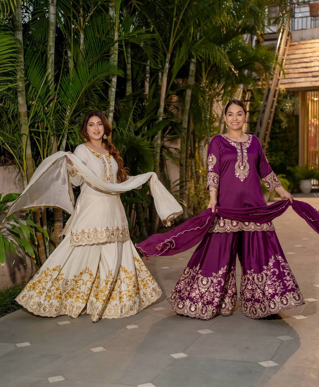 Royal Ethnic White Embroidered Zari Work Sharara Suit Set with Dupatta for Festive & Wedding Wear