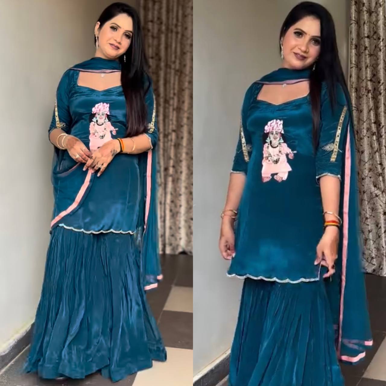 it's a stylish Indo-western ethnic set with a devotional (Krishna ) and modern flair